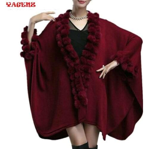 Women Faux Fur Coat Style Fashion Winter Women Womens Capes and Ponchoes Winter Rabbit Fur Ball Shawl Oversized Knitted Sweater