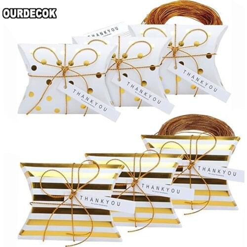100pcs Gold Stamping Dot Stripe Cookie Box Pillow Shaped Dessert Box Cardboard Candy Box Baby Shower Party Supplies