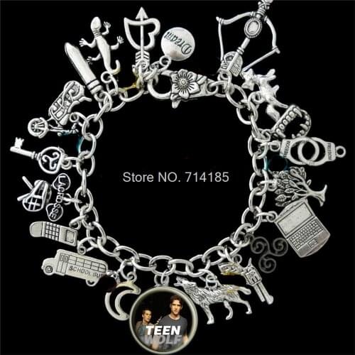 12pcs Teen Wolf inspired Charm Bracelet silver tone