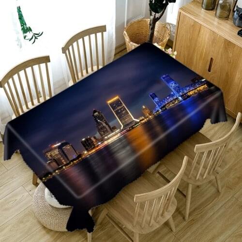 3D Harbour City Nightscape Pattern Tablecloth Dustproof Thicken Cotton Rectangular/Round Table Cloth for Wedding Picnic Party