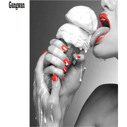 Diamond Embroidery Portrait girl Ice Cream Diy Diamond Painting Wedding Decoration Rhinestone Pasted Sticker black white red art