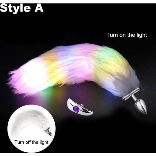 Fanala 2In1 White Bright Fox Tail Anal Plug Metal/Silicone Luminous Butt Plug With Diamond Base Animal Cosplay Tail Adult Games