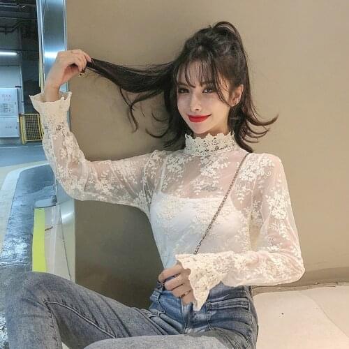 Spring Autumn Women Blouses Tops Round Neck Long Sleeve Top Embroidered Lace Mesh Shirt Blusas