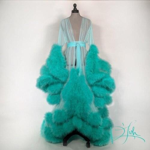 Womens Faux Fur Robe Mint Green Kimono Pregnant Prom Sleepwear Women V Neck Bathrobe Feather Nightgown Prom Bridesmaid Shawel