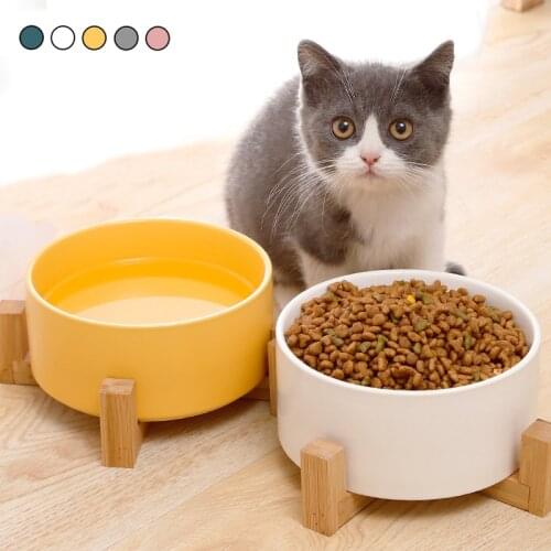 Ceramic Cat Dog Bowl Elevated Raised with Wood Stand Pet Food Water Bowl Tableware Bamboo Frame Antiskid Dog Cat Feeding Bowl