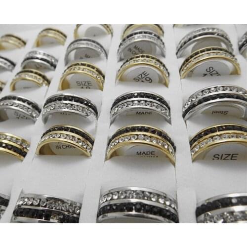 Wholesale 50 pcs 8mm Inner arc Black and white two-color circle zircon Stainless Steel Rings