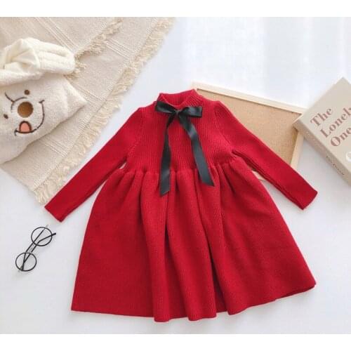 Korean Toddler Dress 2019 Autumn Winter Red/Black Long Sleeve Knitted Sweater Dress Elegant Party Dress 2-7Yrs Children Clothes
