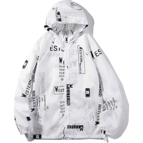 Summer Sun Protection Clothing Letter Printed Thin Jacket Men Fashion Hooded Windbreaker Coat Outerwear Tops Male Plus Size 5XL