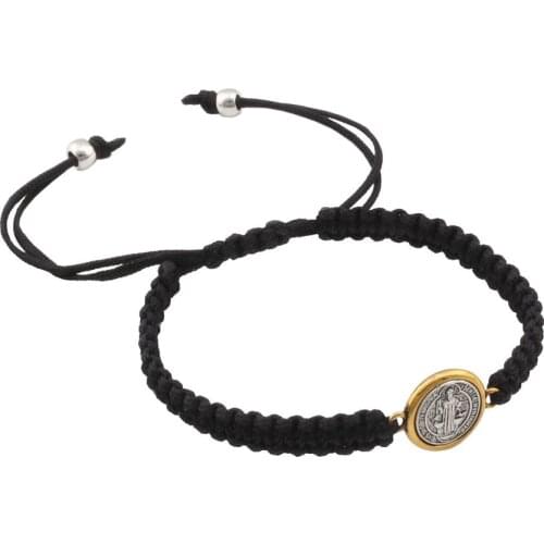 Hot ! 2Pcs Zinc Alloy Tone Saint Benedict Medal ON Adjustable Black Cord Wrist Diy Weave Bracelet B-333a