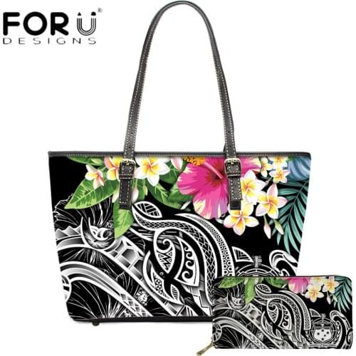 FORUDESIGNS Hot Sales Lareg Leather Women Shoulder Bag Set Polynesian Samoa Plumeria Folral 3D Print Vintage Female Handbag