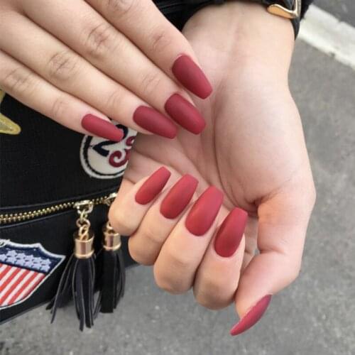 Matte bright red pure color ballet false nails middle-long 24pcs American punk style lady full nail tips cute fake nails