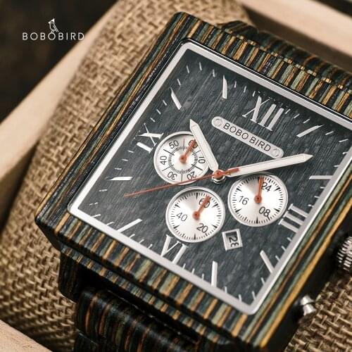 Rectangle Dial Man Wooden Watch Hight Quartz Wristwatch Male Luxury Brand Chronograph Watch Sport Clock BOBO BIRD Wood Box Gift