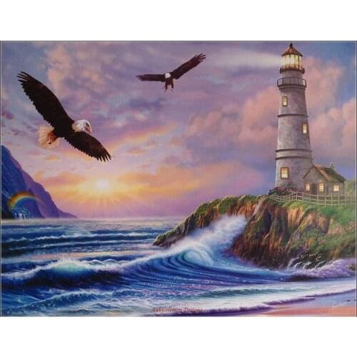 Counted Cross Stitch Kits Needlework - Crafts 14 ct Aida DMC Color DIY Arts Handmade Home Decor - Eagle Lighthouse