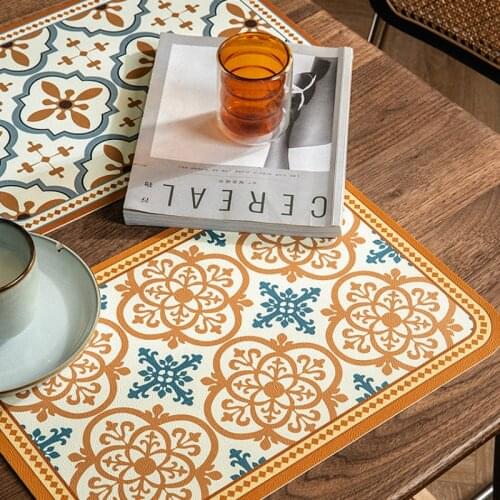 DUNXDECO Table PLACEMAT PVC Leather Plate Mat Dinner Desk Decoration Thermal Insulation 2PCS Vintage Floret Brick Print Mesa