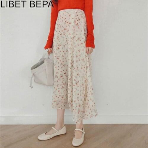2021 New Summer Women Skirts Chiffon High Elastic Waist Casual Fashionable Elegant Print Floral Irregular Midi Skirts SK6109