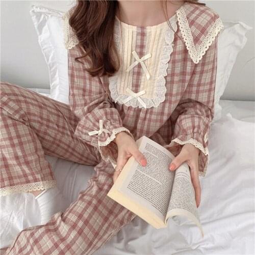 New Princess Pajama Suit Womens Loose Lace Bow Lattice Home Decoration Long Sleeve Coat Pants Womens 2-piece Home Decoration