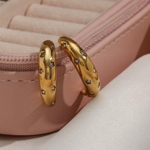 New Arrival Hot Trendy Stainless steel Gold Plated Waterproof Tarnish Free Zircon Star Moon Stud Earrings Push Back For Women