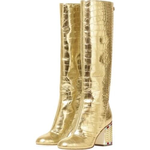 New Style Luxury Boots Gold Plating with Fashion Crocodile Grain Womens Boots with Diamond Heel Large Shoes