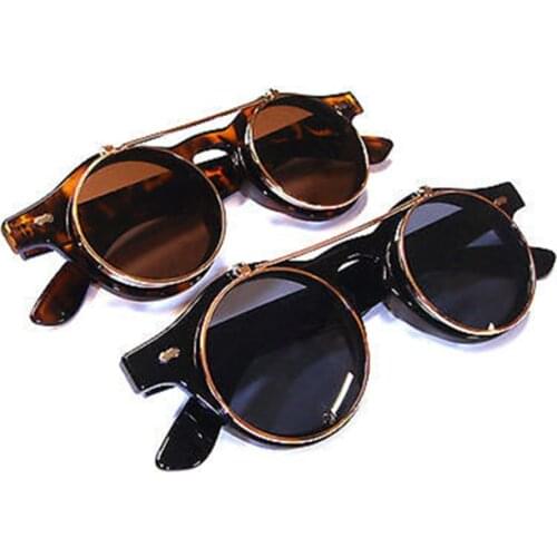 Men Women Retro Steampunk Goth Goggles Glasses Flip Up Round Sunglasses Vintage Gift Black Brown Glasses