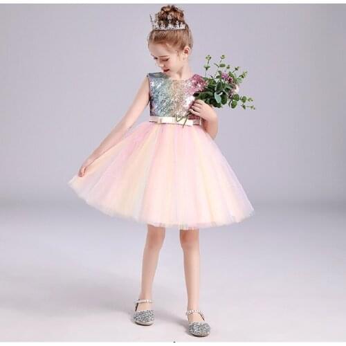 Rainbow sequined sleeveless short dress for girls 2021 New children summer mesh princess dress for 4 to 12 years Girls clothes