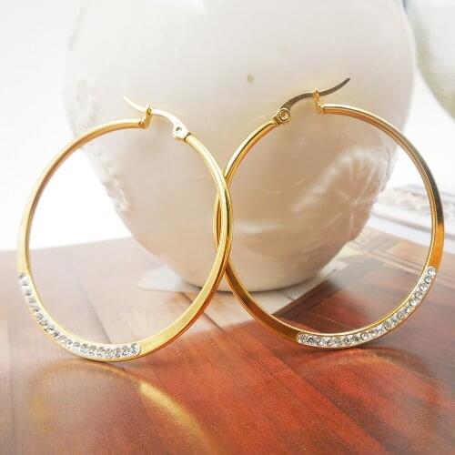 1 Pair 316L Stainless Steel 45mm Fashion Elegant Round Crystal Big huge Hoop Earrings Women Party Earrings Women Jewelry ev5123