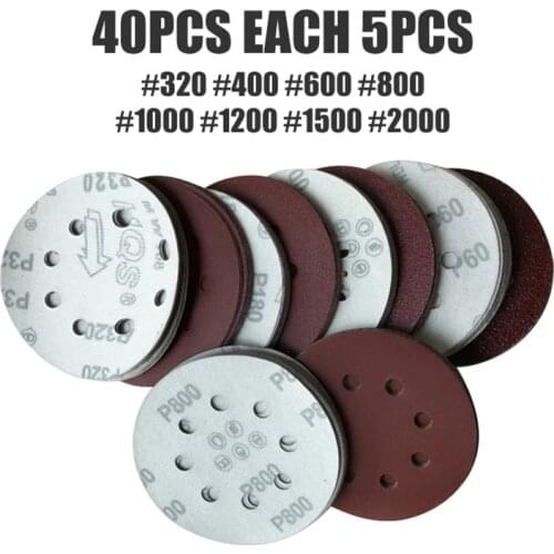 40pcs 125mm 8 hole Sander Disc Sanding Polishing Paper Sandpaper Disc 320/400/600/800/1000/1200/1500/2000