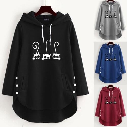 Winter Womens Hooded Sweater Fashion Plus Size Clothes Hooded Long Sleeve Cute Cat Print Hooded Sweater женские свитера 50