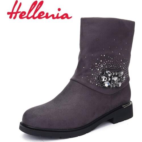 Hellenia 2019 New Fashion Ankle Boots Women Round Toe Low Heel Rivert Women Boots Autumn Short Plush Stone Shoes Boot