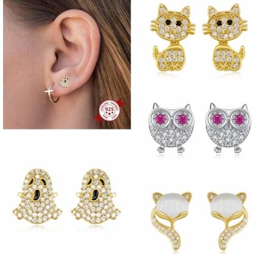 925 Silver Ear Needle White Smooth Zircon Stud Earrings for Women Light Luxury Pave Crystal Small Animal Earrings Fine Jewelry