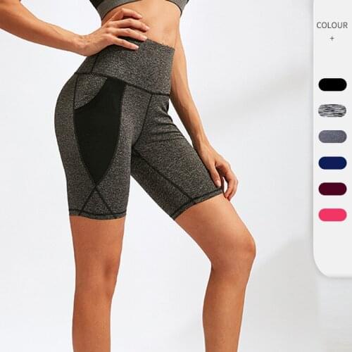 Ladies high waist yoga pants mesh pockets running training sports tight elastic quick-drying fitness shorts 2024