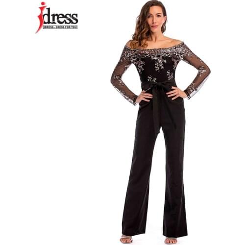 IDress New 2018 Summer Women Bodycon Black Sequin Embroidery Jumpsuit Elegant Slash Long Pants Sexy Club Jumpsuits and Rompers