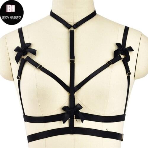 Goth Black Bow Body Harness Women Sexy Lingerie Elastic Adjustable Bondage Harness Belt Pole Dance Fetish Crop Top Cage Bra