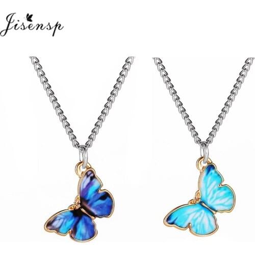 Korean Fashion Blue Gradient Butterfly Pendant Necklace Women Valentines Day Jewelry Statement Necklaces Choker Wholesale 2021