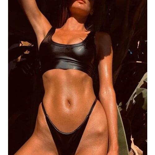 2020 new Bikini pure color elastic PU leather vest bikini bandage swimsuit sexy split swimsuit two piece swimsuit