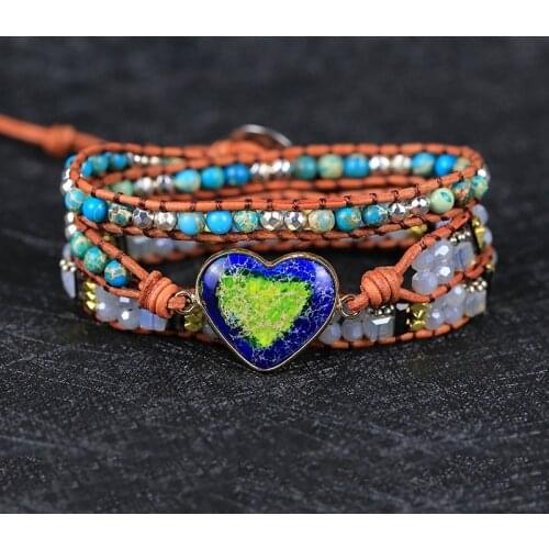 2021 Handmade natural stone heart shape charm Leather Wrap Bracelet&Bangle yoga lovers friendship Jewelry drop shipping