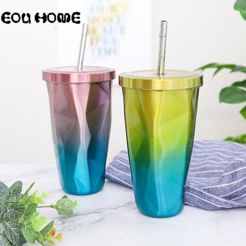 550ml Gradient Color Thermos Mug Irregular Coffee Cup with Lid Stainless Steel Vacuum Flask Creative Straw Cup Thermal Bottle
