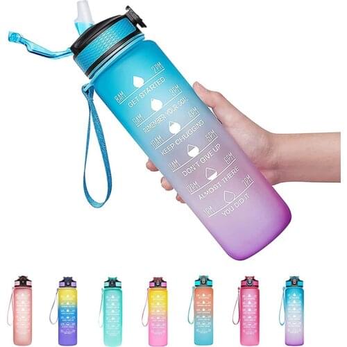 1000ML Tritan Material Water Bottle With Time Marker Bounce Cover Straw Strap Frosted Leakproof Space Cup For Sports Fitness