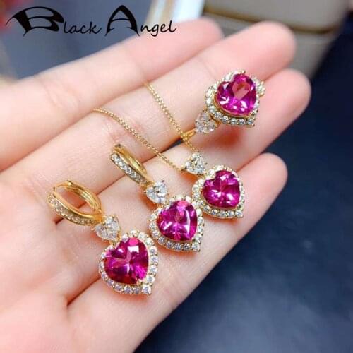 BLACK ANGEL 2021 New Created Red Corundum Jewelry Set Heart Shape Earrings Necklace Resizable Ring For Women CZ Wedding Gift