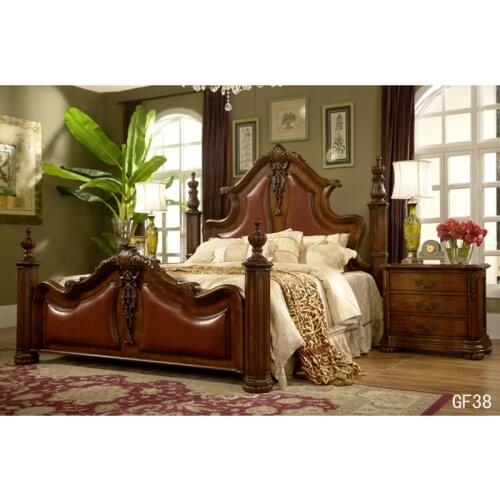 Wood of super king big size leather bed of French luxury carved bed ensemble de meubles de chambre à coucher lit en cuir GF38