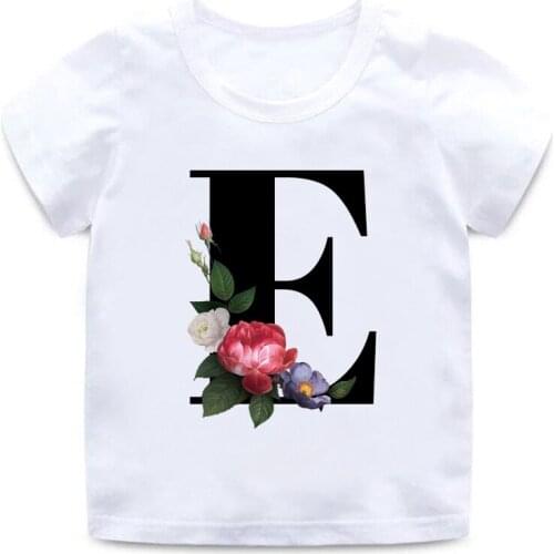 DERMSPE Fashion Flowers English 26 Letters Printed Kids T-shirt Short Sleeve Soft Round Neck White Boy Girl Clothes