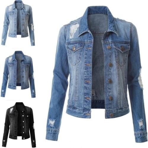 Denim Coat Solid Color Ripped Autumn Winter Washed Single Breasted Lapel Jeans Jacket Streetwear