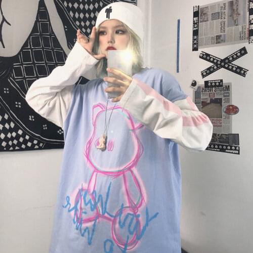 Bear Print Fake Two Piece T Shirt Hip Hop Cartoon T Shirt Girl Cool High Street Tops Female Gothic Purple Long Sleeve Clothes