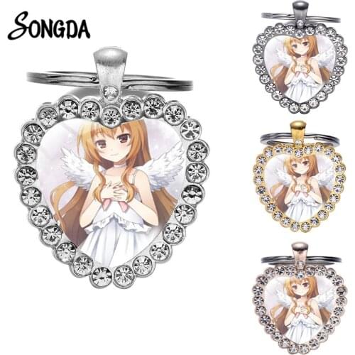 Fashion Cute Anime TIGER×DRAGON! Keychain Aisaka Taiga Cartoon Printed Glass Art Heart Micro Paved Rhinestone Pendant Key Chain