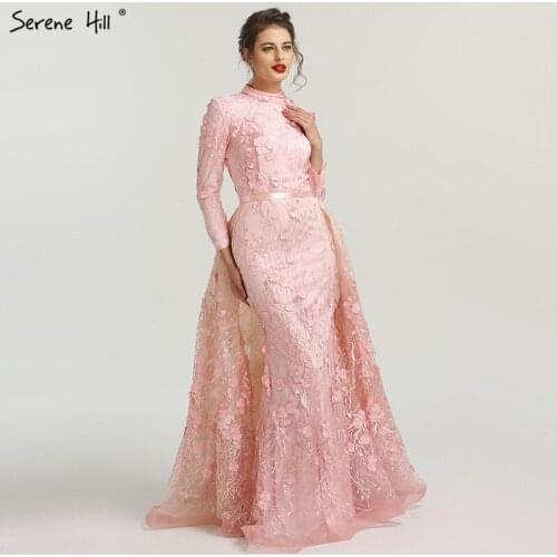 Muslim Romantic Pink Long Sleeves Evening Dresses 2021 High Neck Handmade Flowers Evening Gowns Serene Hill LA6308
