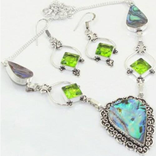 Abalone Shell & Peridots Necklace Earings Silver Overlay over Copper, 53 cm, N3394