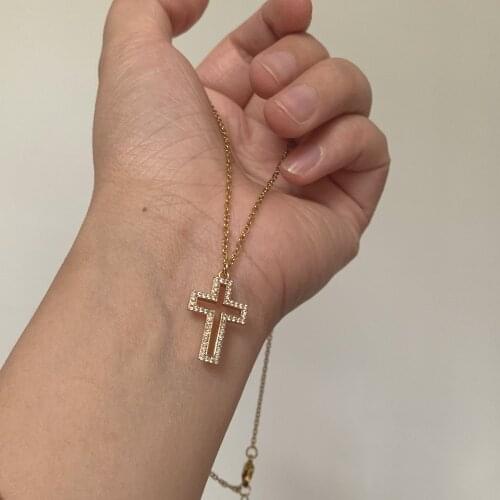 Simple Micro Pave CZ Cross Pendant Necklace for Womem Men Trendy Gold Color Hollow Charm Stainless Steel Chain Jewelry