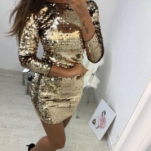 Ladies Formal Evening Party Sexy Sequin Club Short Dresses Sexy Vestidos Autumn Dresses Women Golden Sequins Bodycon Dress