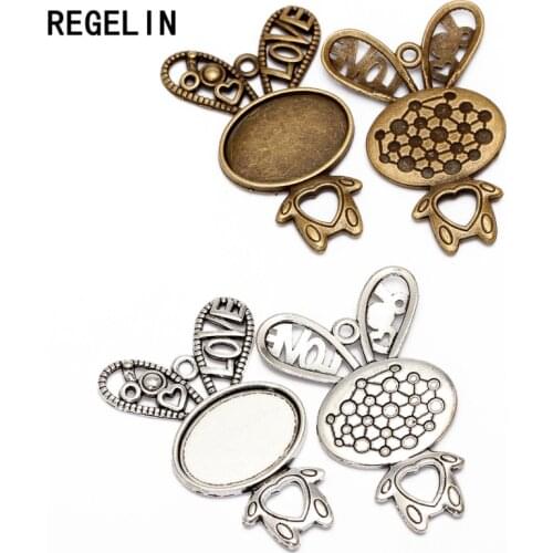 REGELIN Antique Bronze Antique Silver rabbit filigree cameo cabochon pendant setting Fit 18*25mm Cabochon Base Jewelry Making