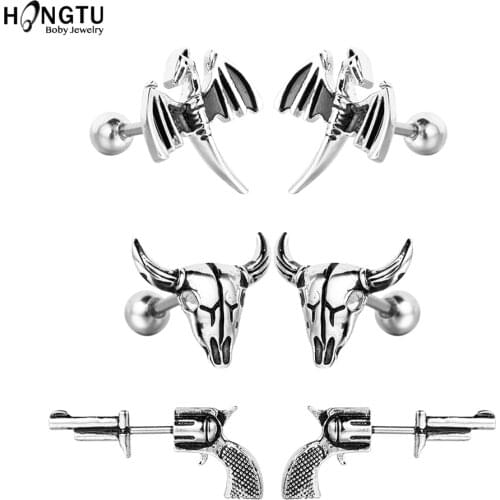HONGTU Punk Dragon Bull Gun Shape Cartilage Piercing Stud Helix Jewelry Tragus Conch Rook Earlobe Screw Back Sutd Earrings 16G