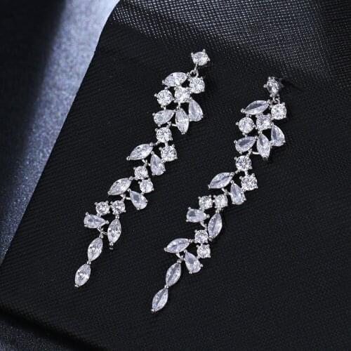 ORZTOON New Luxury Zircon Leaf Long Tassel Earrings For Women Vintage Cubic Zirconia Dangle Earrings Elegant Female Jewelry